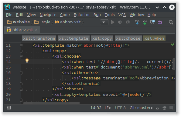Screenshot showing WebStorm with an XSLT source code of an abbreviation expander.