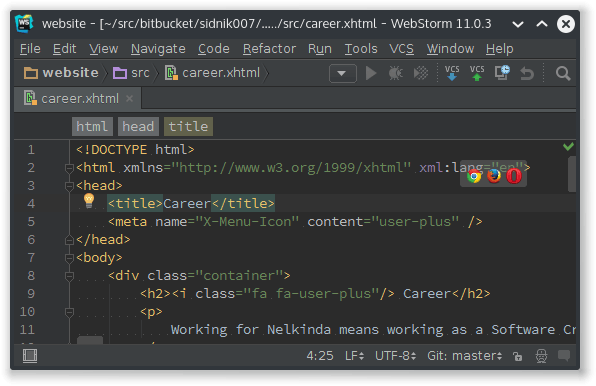 Screenshot showing WebStorm with the XHTML5.2 source code of the career page.