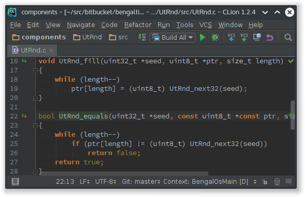 Screenshot showing CLion with a C source code of pseudo random number generator utility functions.