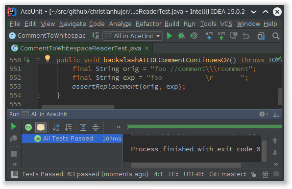 Screenshot showing IntelliJ IDEA with all unit tests passed for project AceUnit Generator.