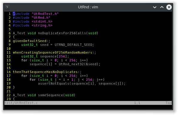 Screenshot showing an AceUnit test for a pseudo random number generator.
